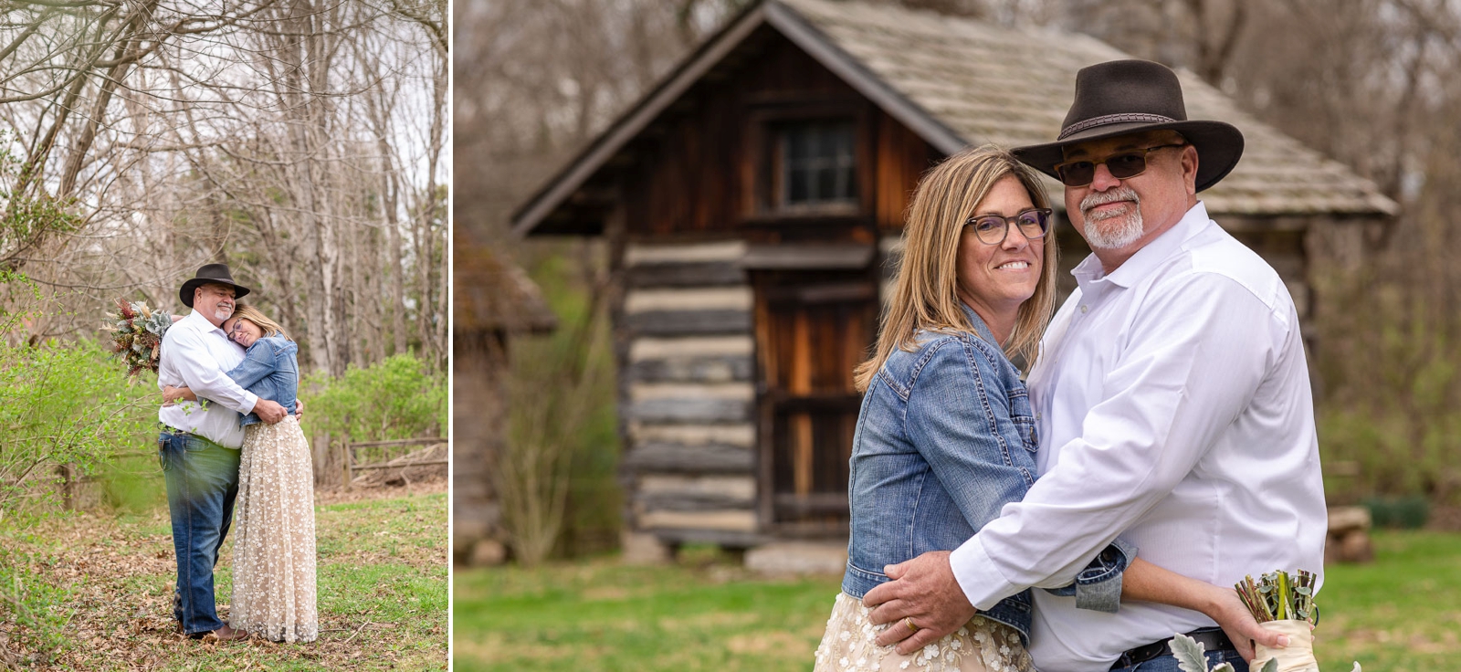 bride and groom pose for photo in front of rustic cabin 