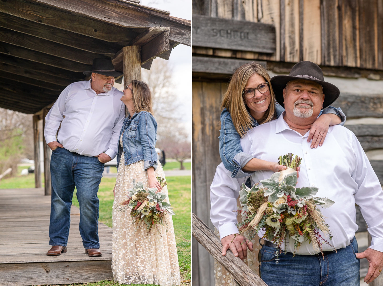 bride and groom pose in front of rustic cabin