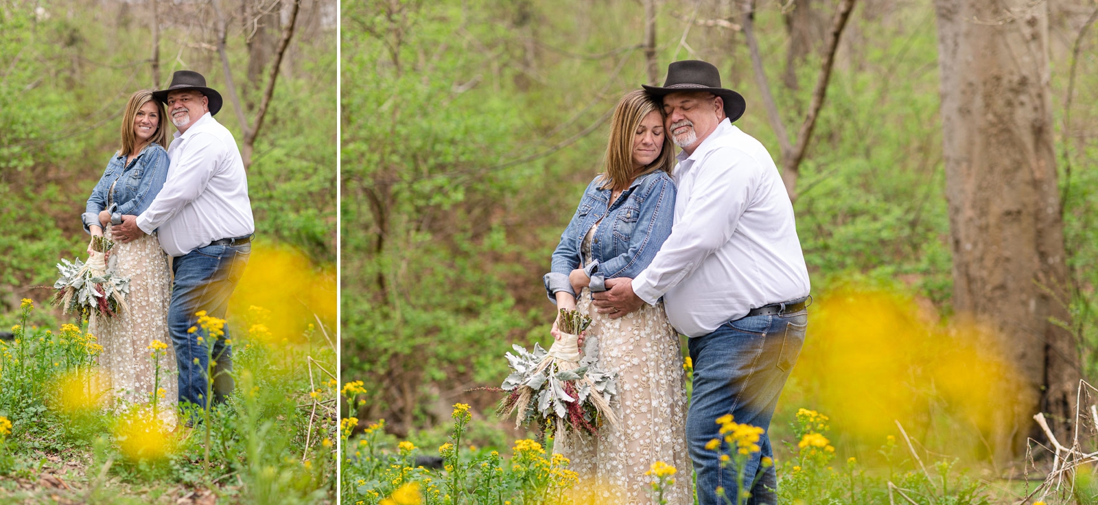 bride and groom in country setting with yellow wildflowers